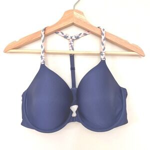 Victorias Secret Lined Perfect Coverage Bra 36D Navy Blue Braided T-Back